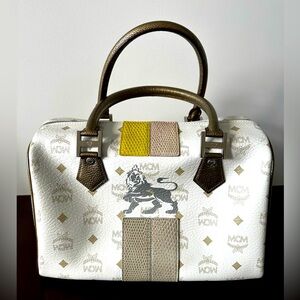 Brand New MCM White Visetos Lion Princess Boston Bag
